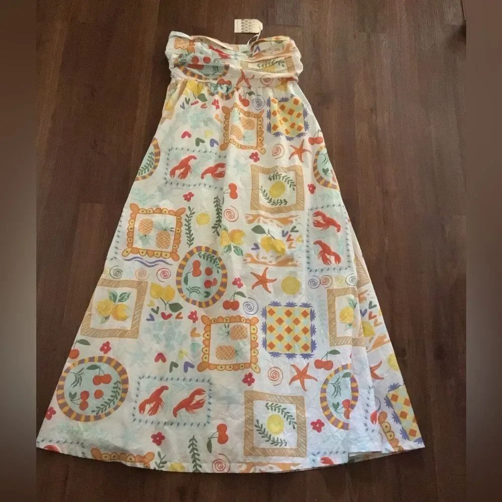 NWT Picnic Printed Maxi Sleeveless Dress in White with Multicolor Motif